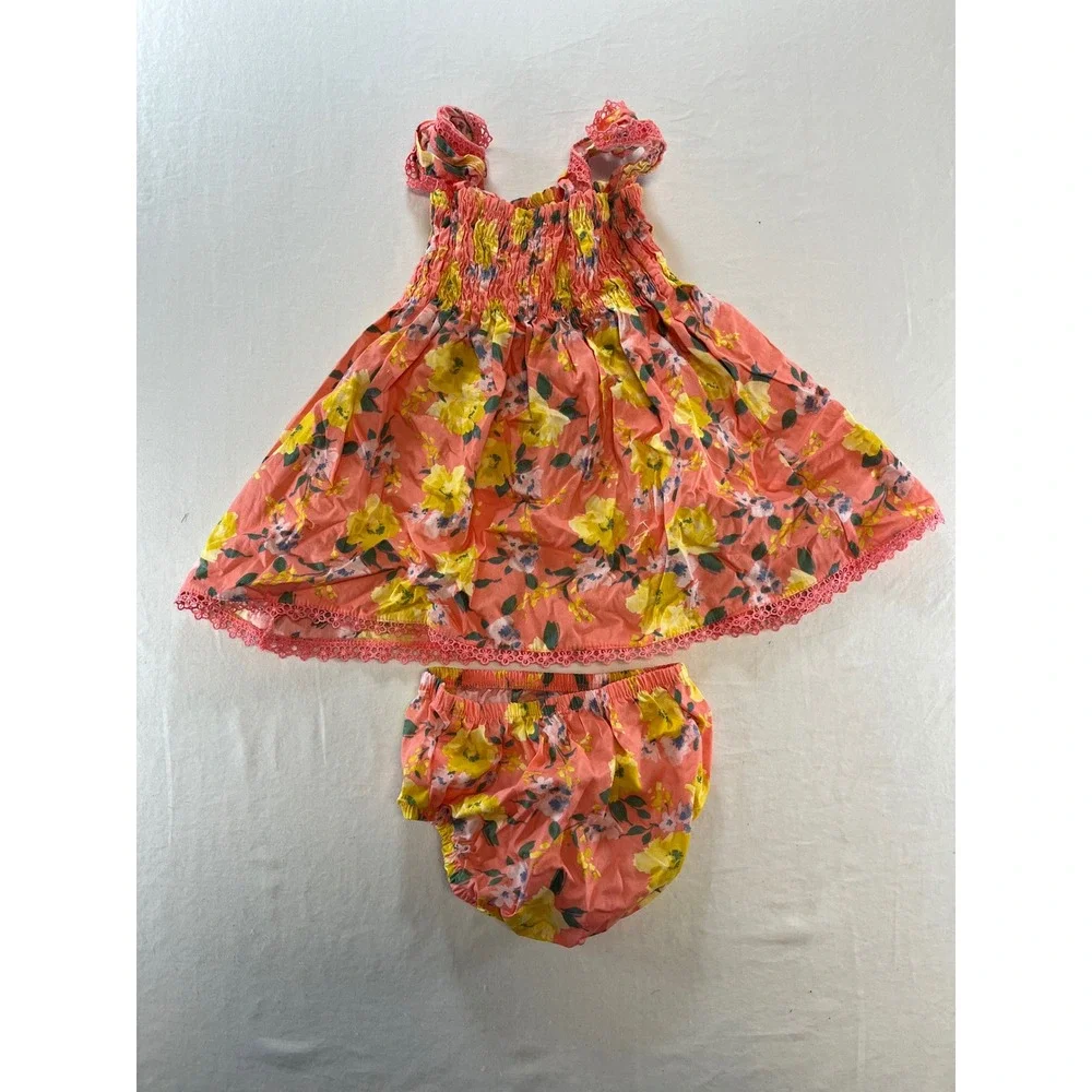 btween Baby Girls Dress and Bloomers Set Coral Floral Smocked 24 Months - Picture 4 of 4